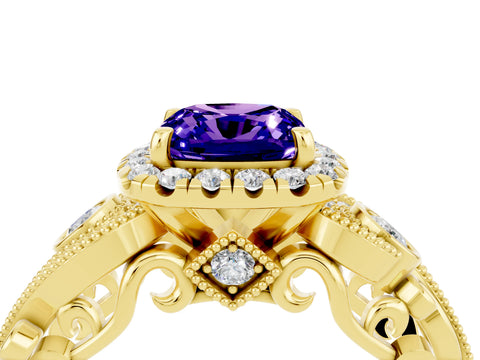 Yellow gold Cushion Cut Tanzanite Halo Ring with Milgrain Pavé Band and Four-Prong Setting_16