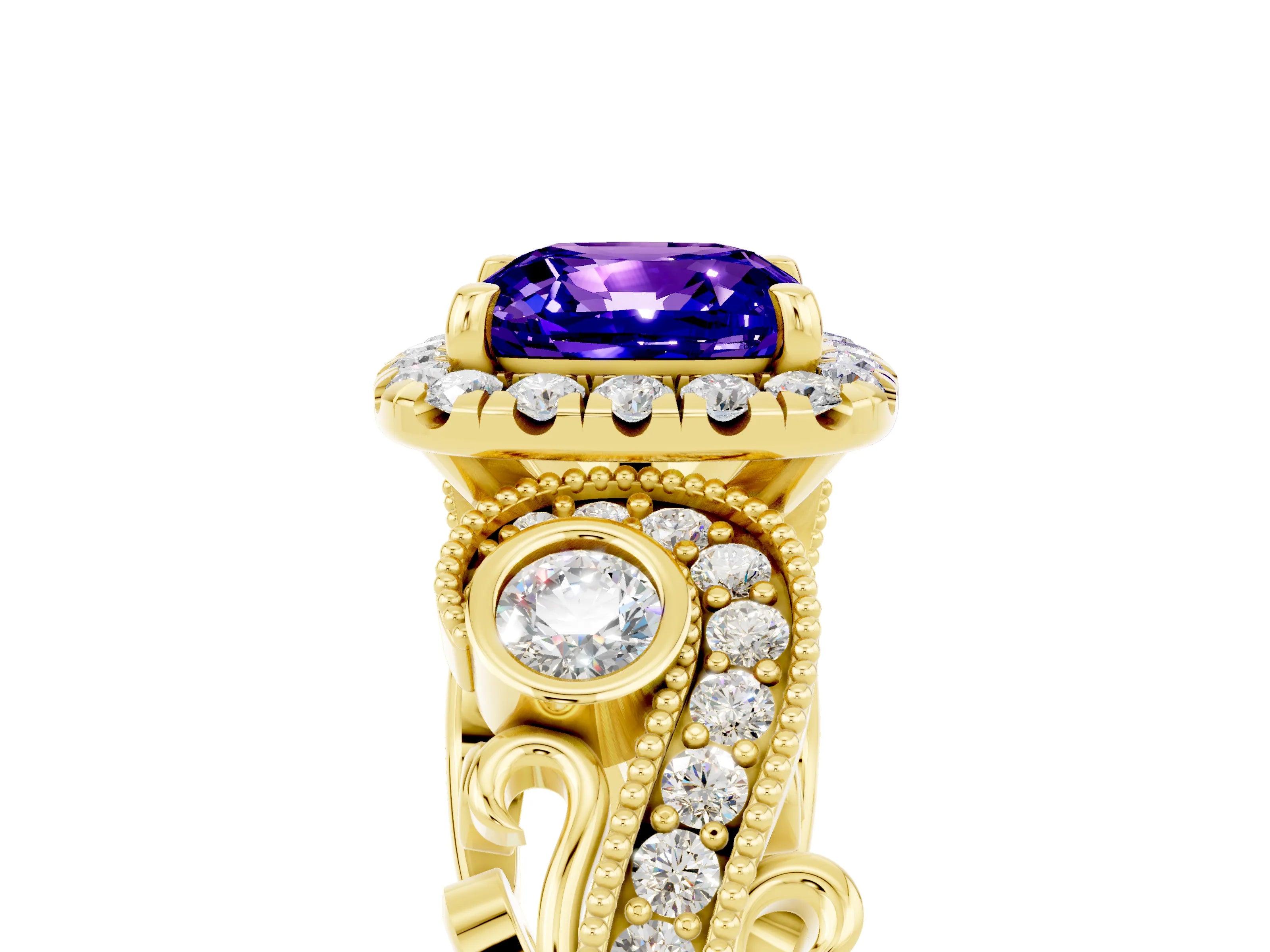 Yellow gold Cushion Cut Tanzanite Halo Ring with Milgrain Pavé Band and Four-Prong Setting_17