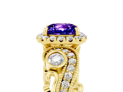 Yellow gold Cushion Cut Tanzanite Halo Ring with Milgrain Pavé Band and Four-Prong Setting_17