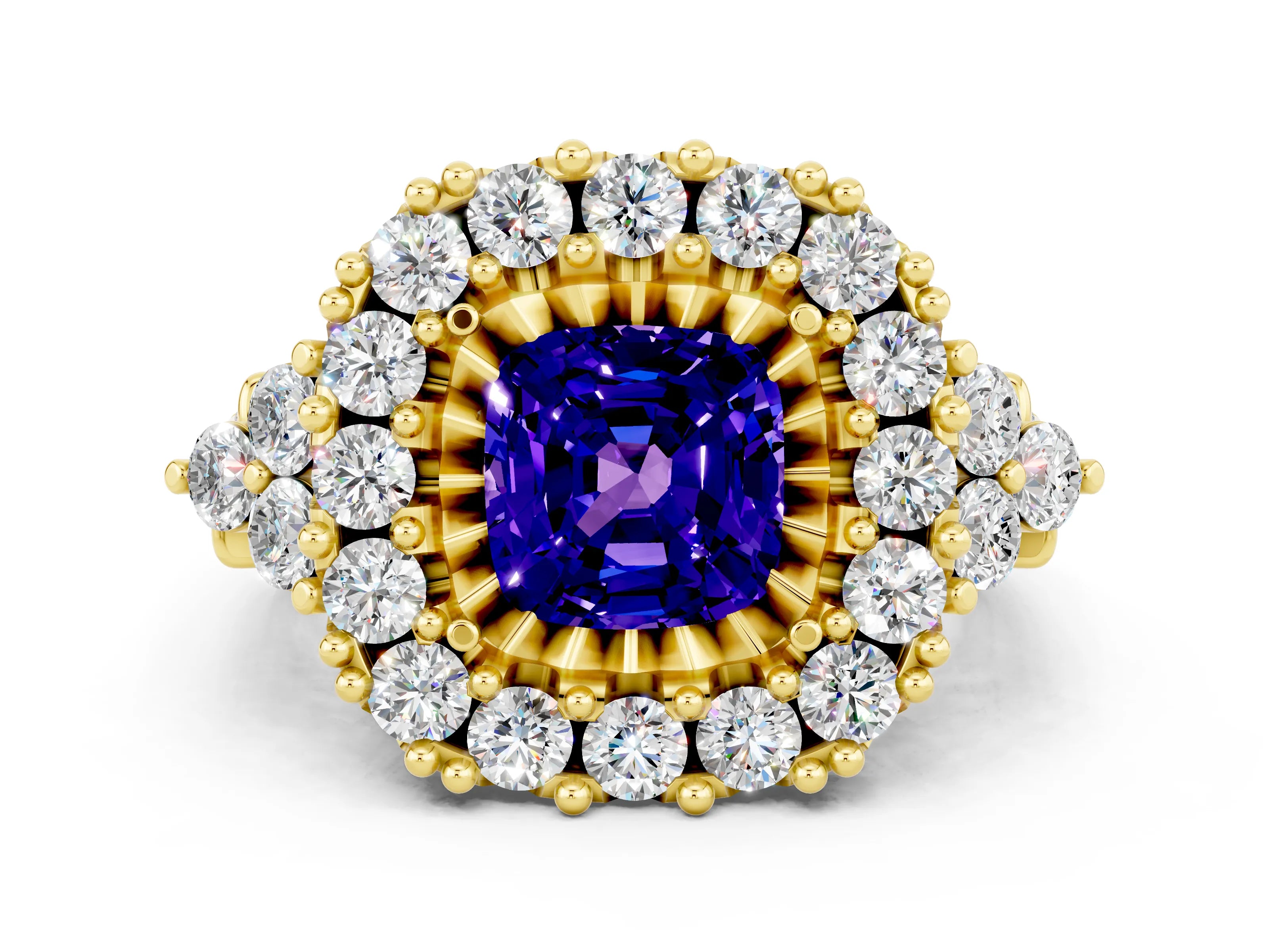 Yellow gold Cushion Cut Tanzanite Halo Ring with Pavé Band and Four-Prong Setting_12
