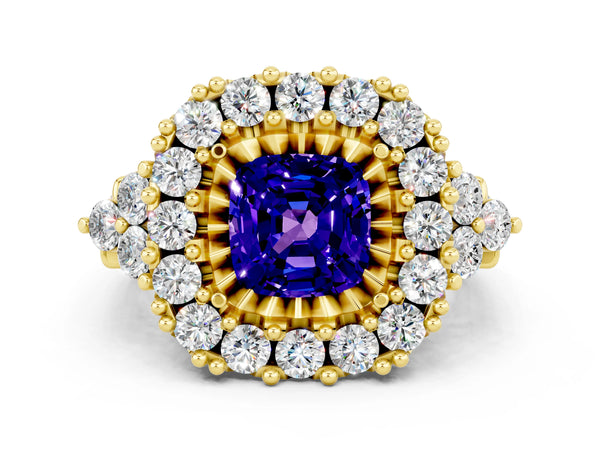 Yellow gold Cushion Cut Tanzanite Halo Ring with Pavé Band and Four-Prong Setting
