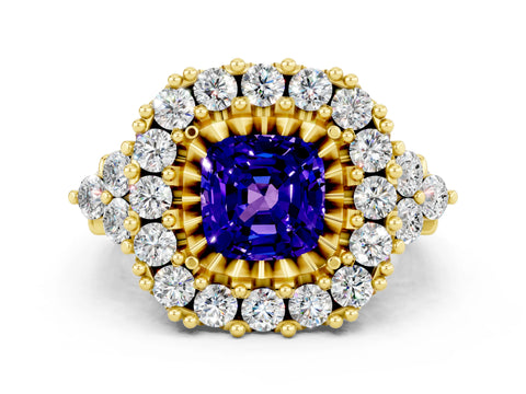Yellow gold Cushion Cut Tanzanite Halo Ring with Pavé Band and Four-Prong Setting_12
