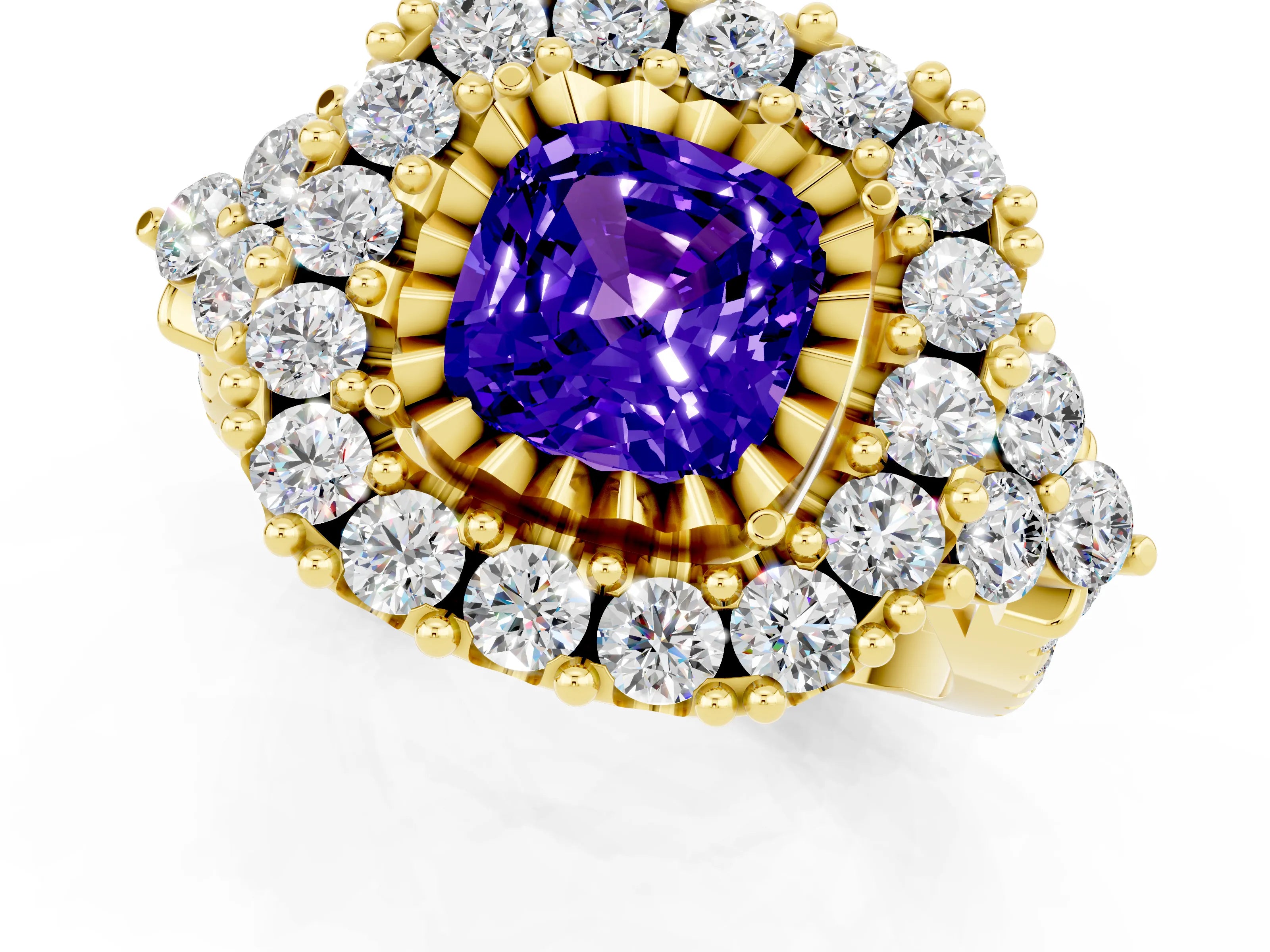 Yellow gold Cushion Cut Tanzanite Halo Ring with Pavé Band and Four-Prong Setting_13