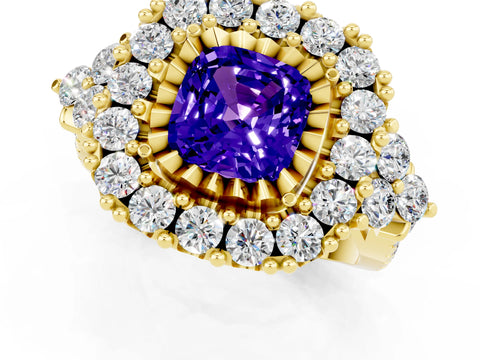 Yellow gold Cushion Cut Tanzanite Halo Ring with Pavé Band and Four-Prong Setting_13