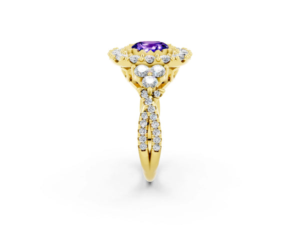 Yellow gold Cushion Cut Tanzanite Halo Ring with Pavé Band and Four-Prong Setting