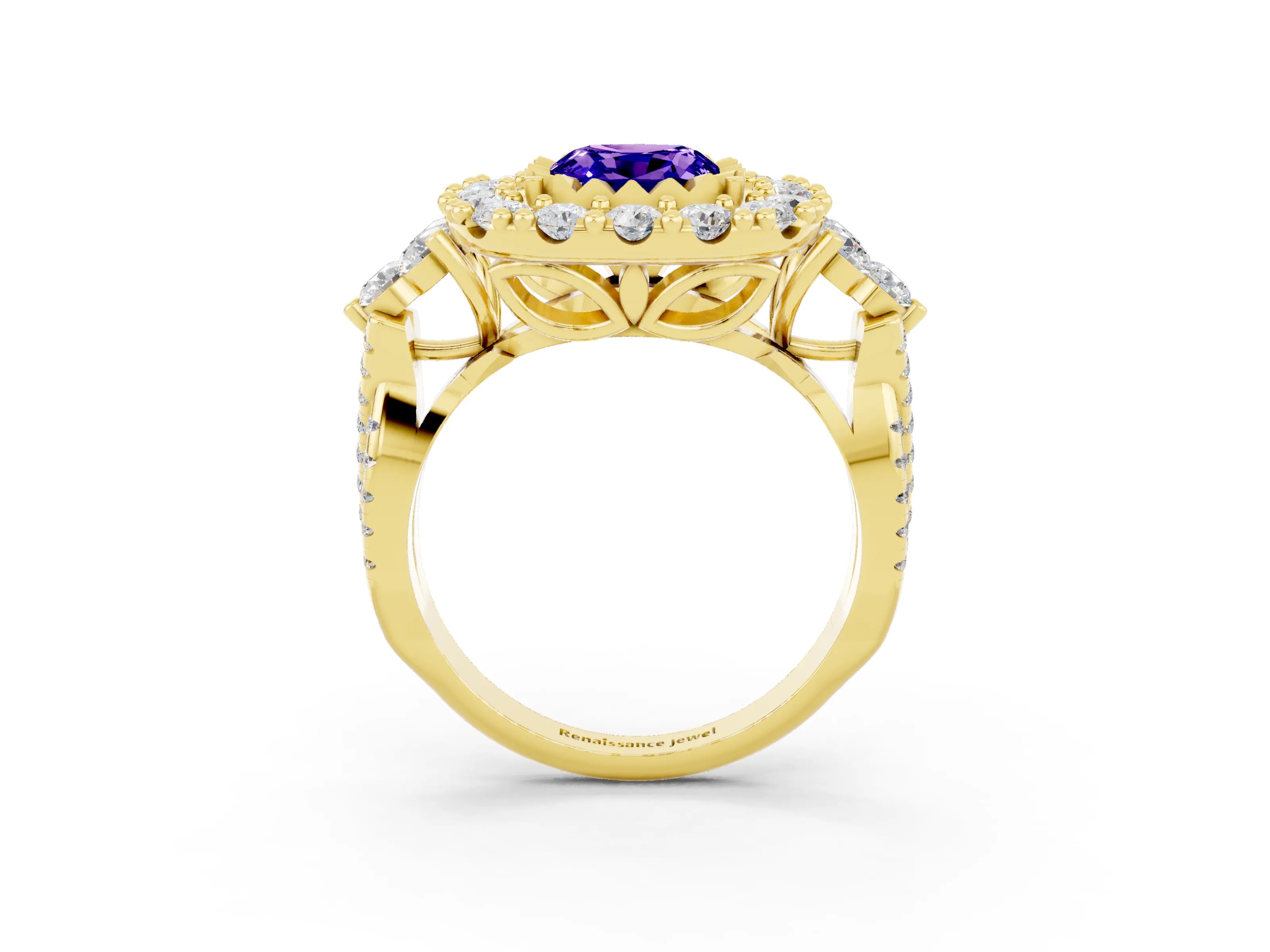 Yellow gold Cushion Cut Tanzanite Halo Ring with Pavé Band and Four-Prong Setting_15