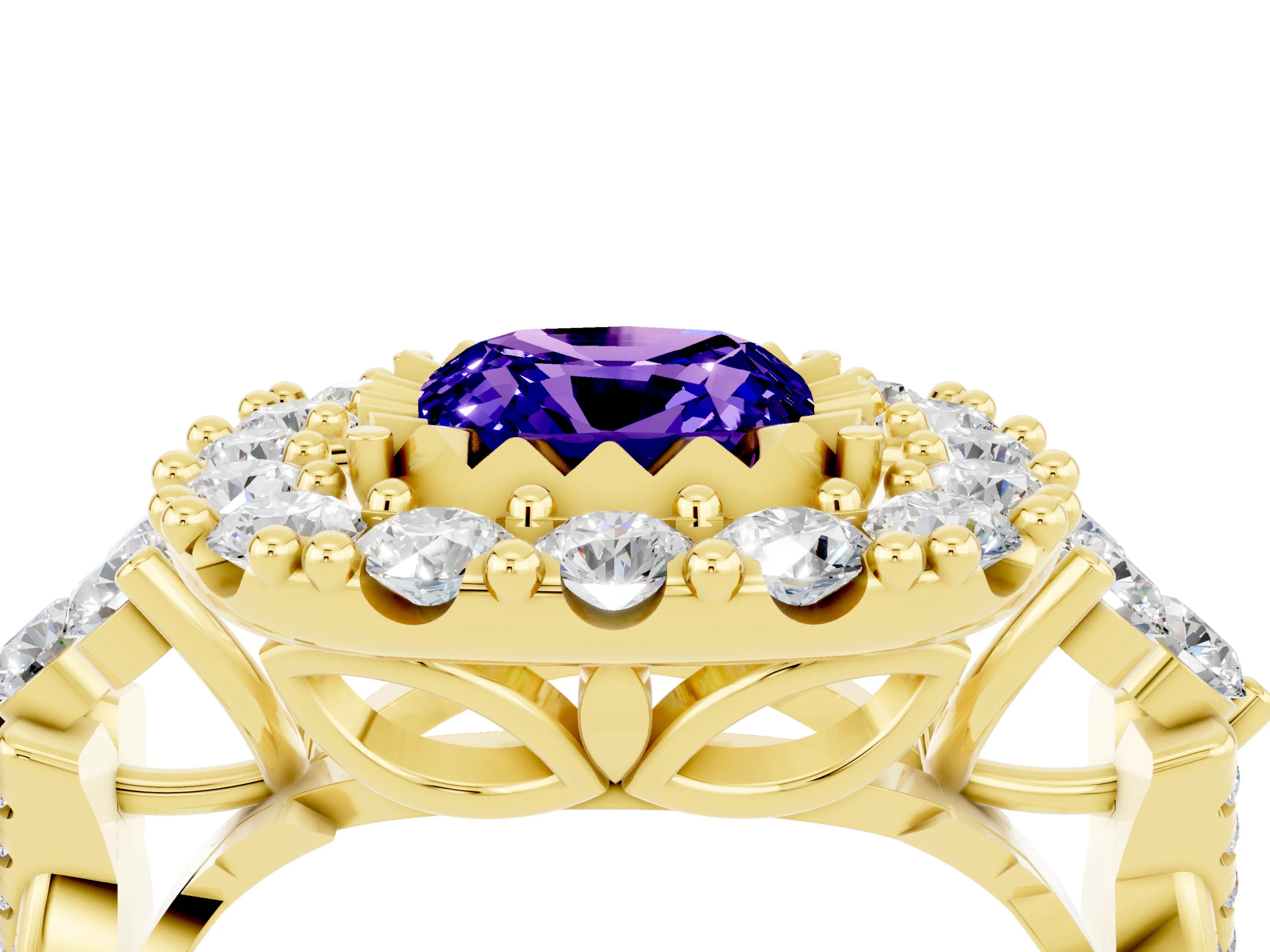 Yellow gold Cushion Cut Tanzanite Halo Ring with Pavé Band and Four-Prong Setting_16