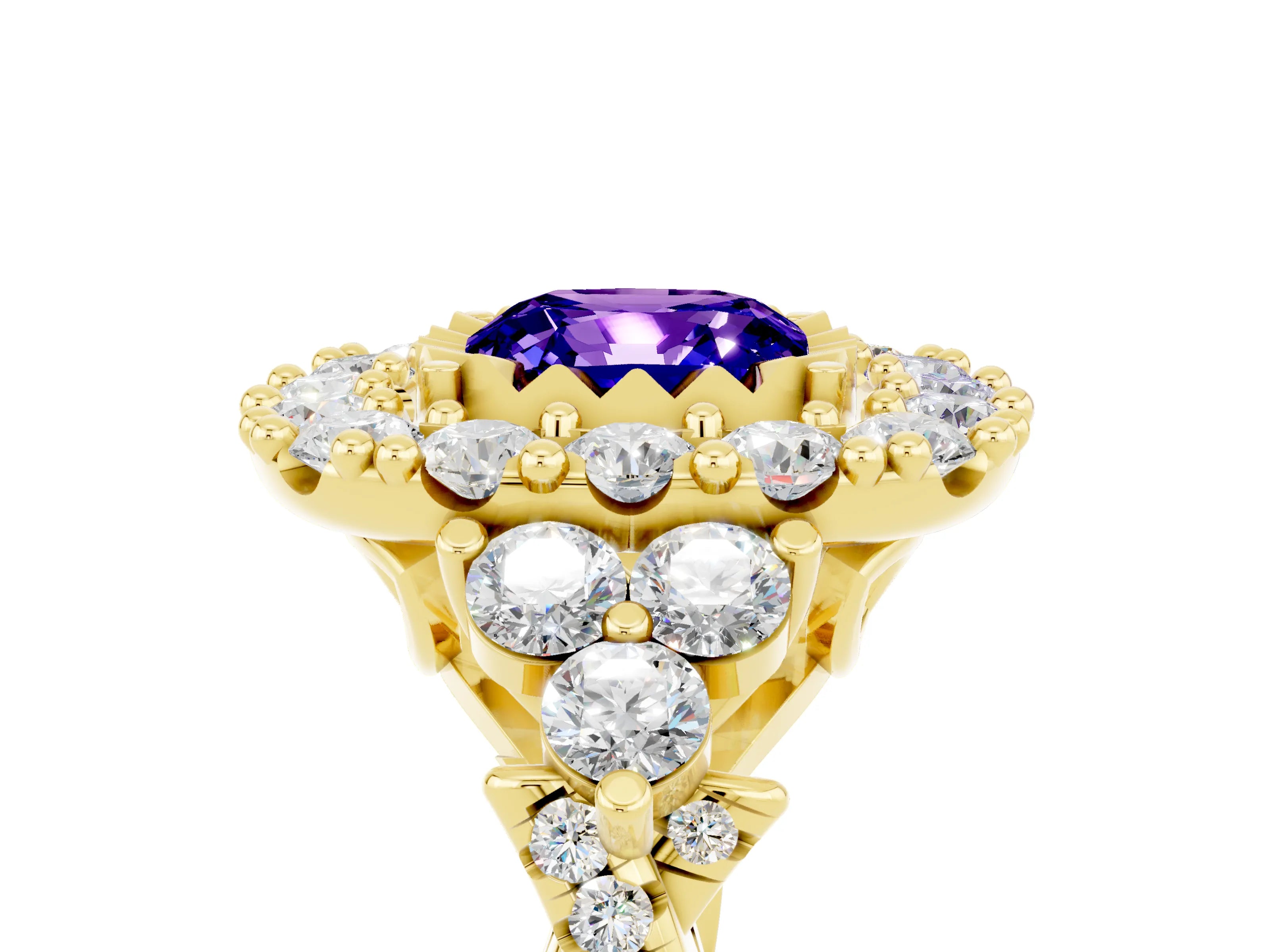 Yellow gold Cushion Cut Tanzanite Halo Ring with Pavé Band and Four-Prong Setting_17