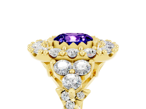 Yellow gold Cushion Cut Tanzanite Halo Ring with Pavé Band and Four-Prong Setting_17