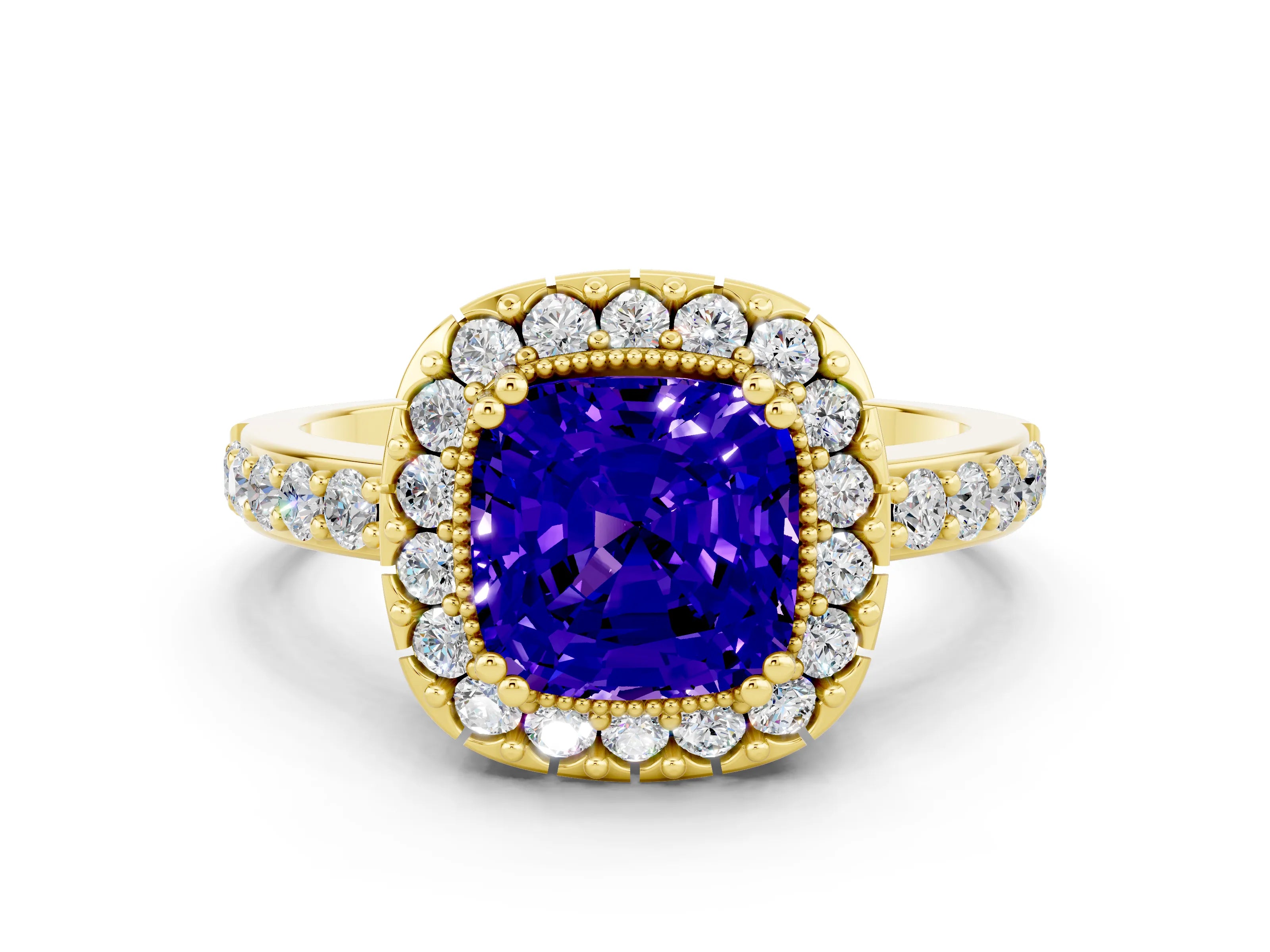 Yellow gold Cushion Cut Tanzanite Halo Ring with Pavé Band and Prong Setting