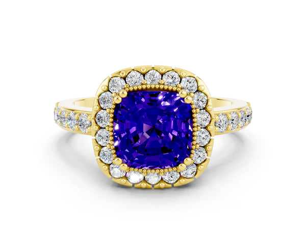 Yellow gold Cushion Cut Tanzanite Halo Ring with Pavé Band and Prong Setting