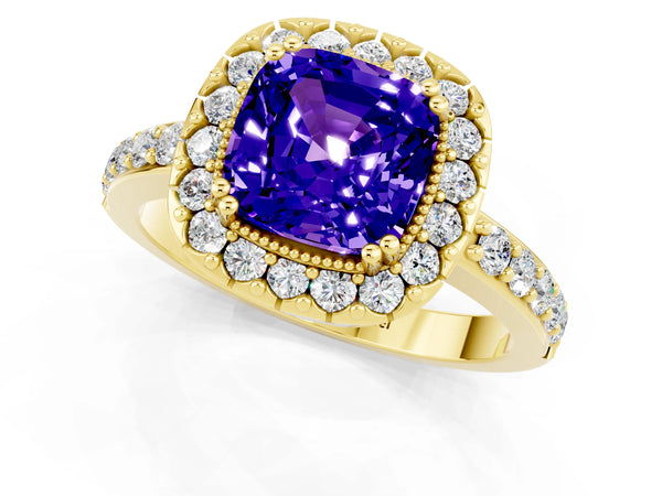 Yellow gold Cushion Cut Tanzanite Halo Ring with Pavé Band and Prong Setting
