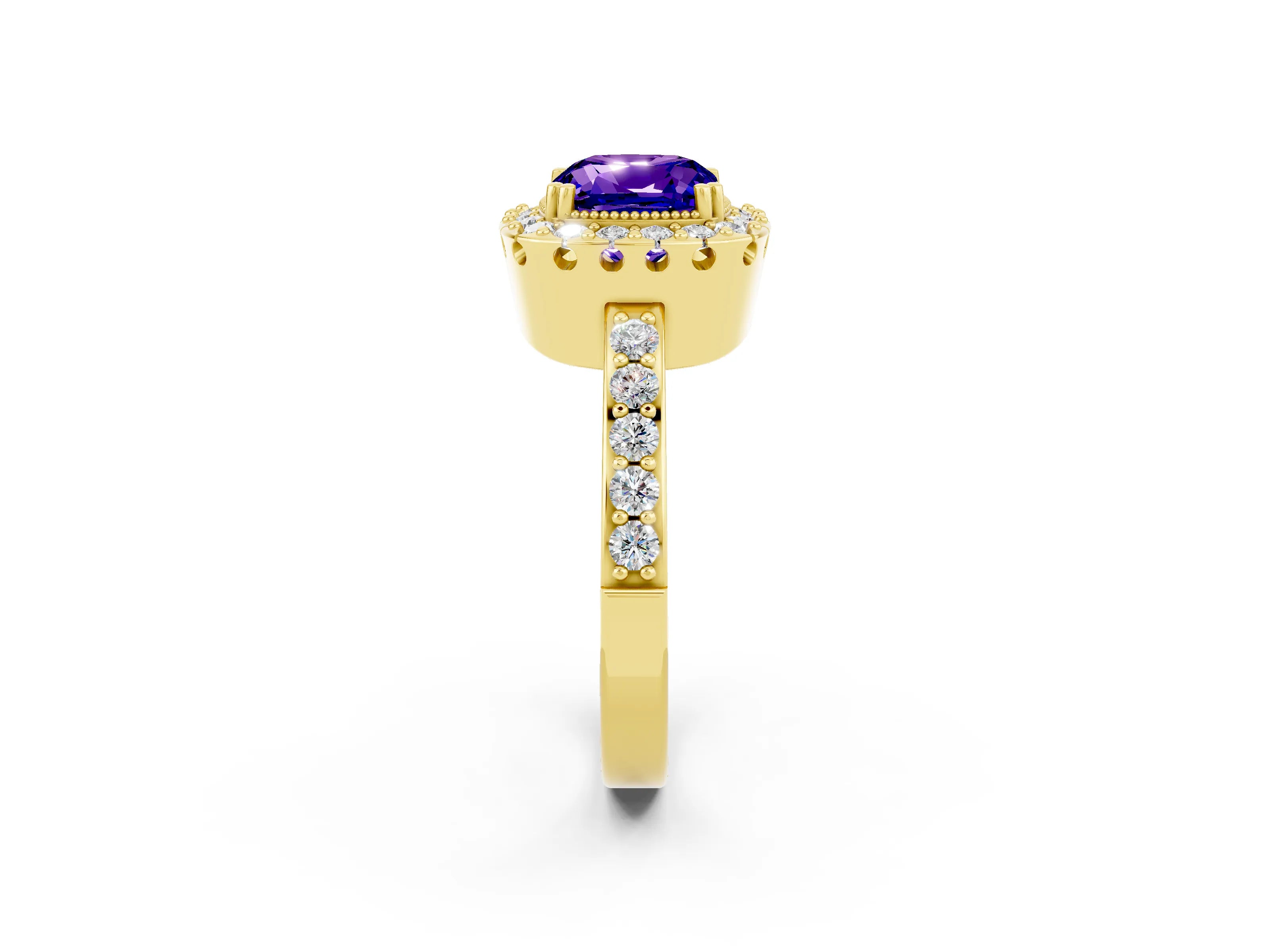 Yellow gold Cushion Cut Tanzanite Halo Ring with Pavé Band and Prong Setting_2