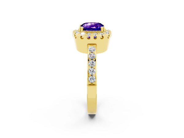 Yellow gold Cushion Cut Tanzanite Halo Ring with Pavé Band and Prong Setting