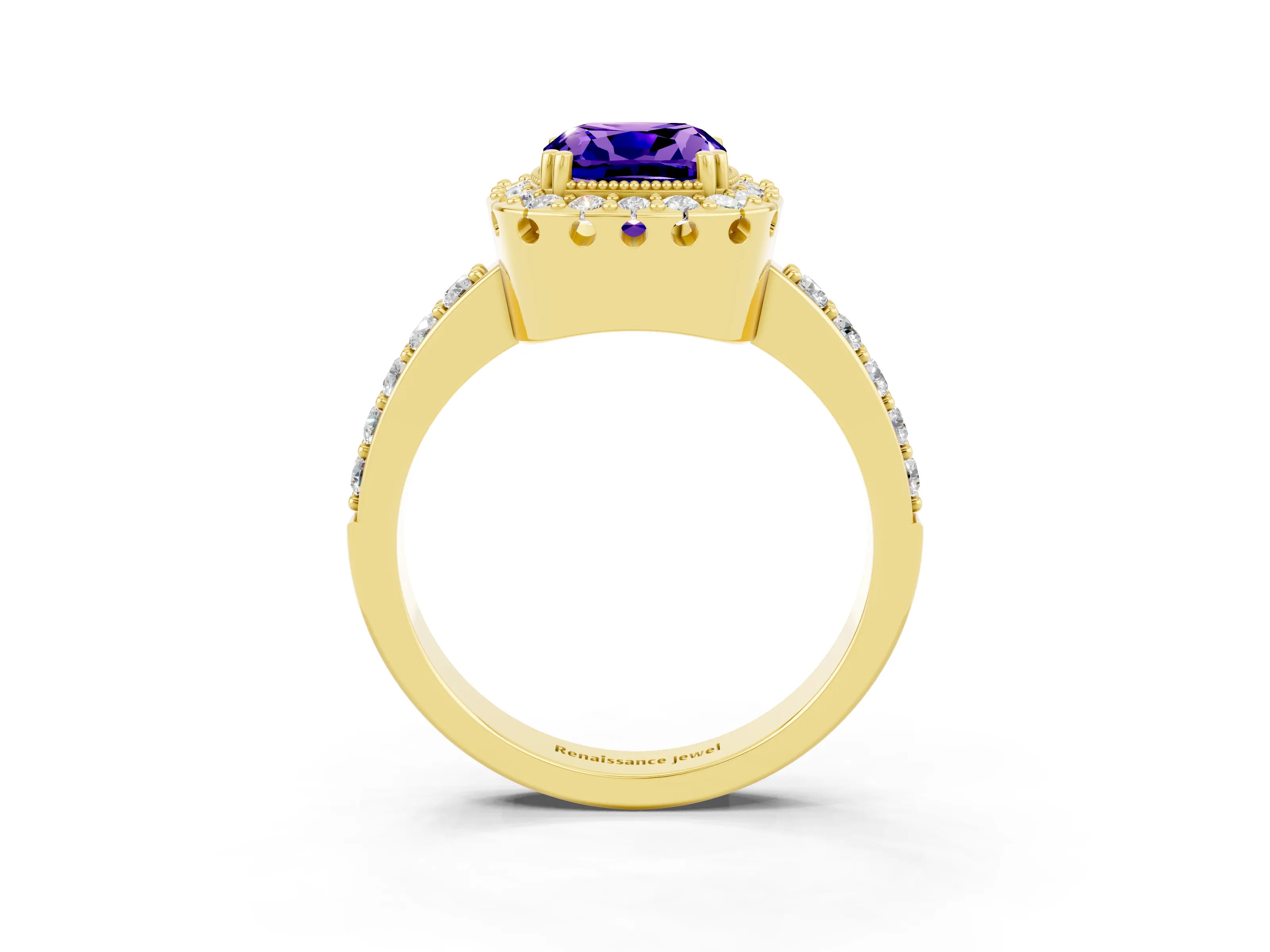 Yellow gold Cushion Cut Tanzanite Halo Ring with Pavé Band and Prong Setting_3