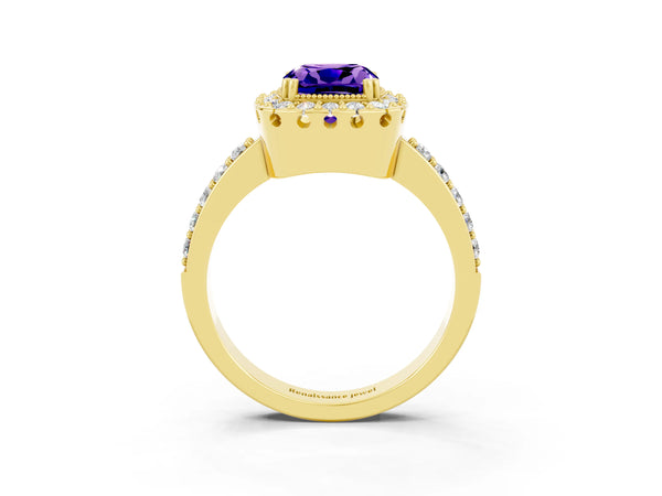Yellow gold Cushion Cut Tanzanite Halo Ring with Pavé Band and Prong Setting