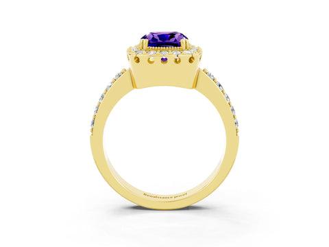Yellow gold Cushion Cut Tanzanite Halo Ring with Pavé Band and Prong Setting_3
