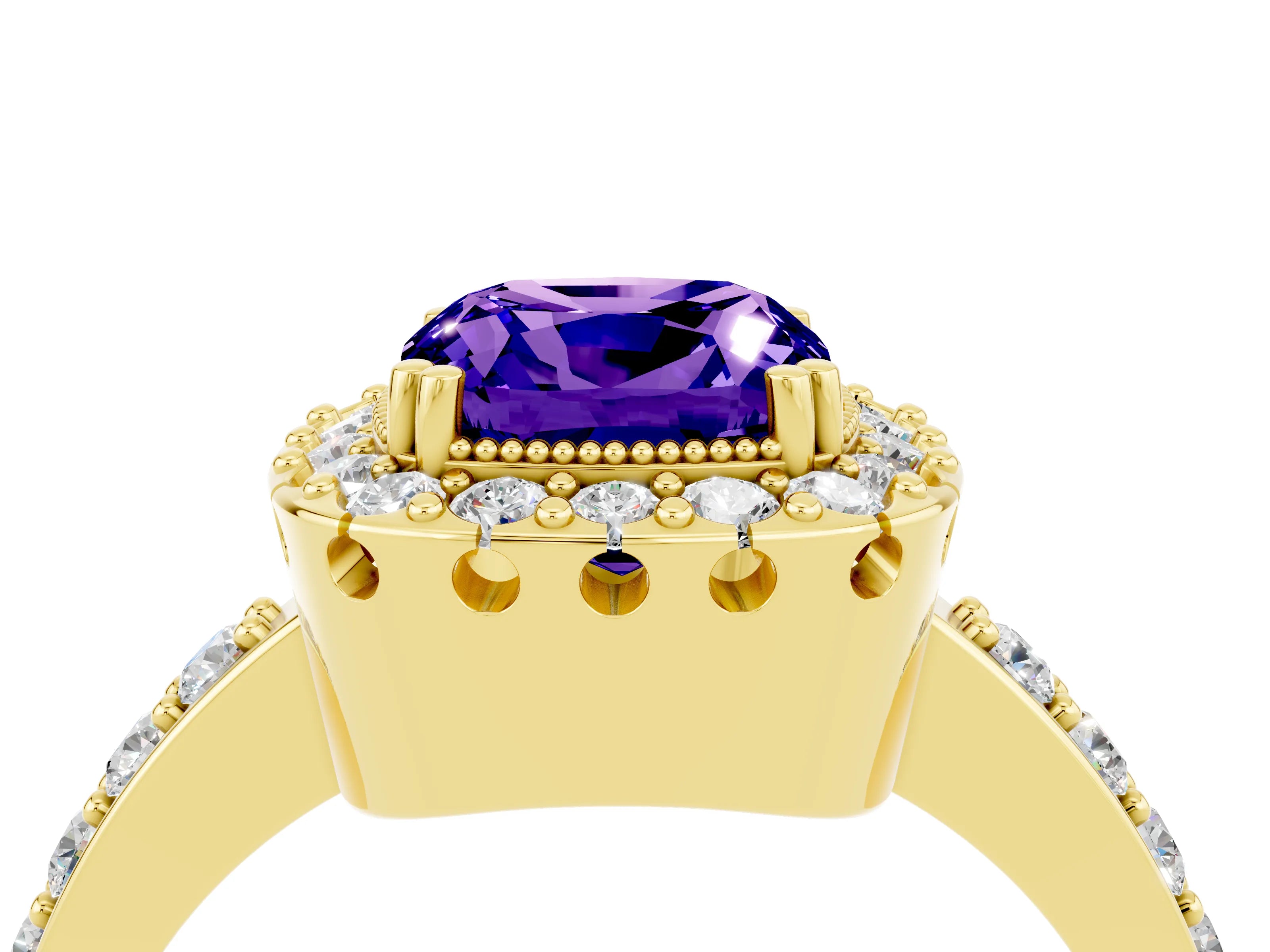 Yellow gold Cushion Cut Tanzanite Halo Ring with Pavé Band and Prong Setting_4