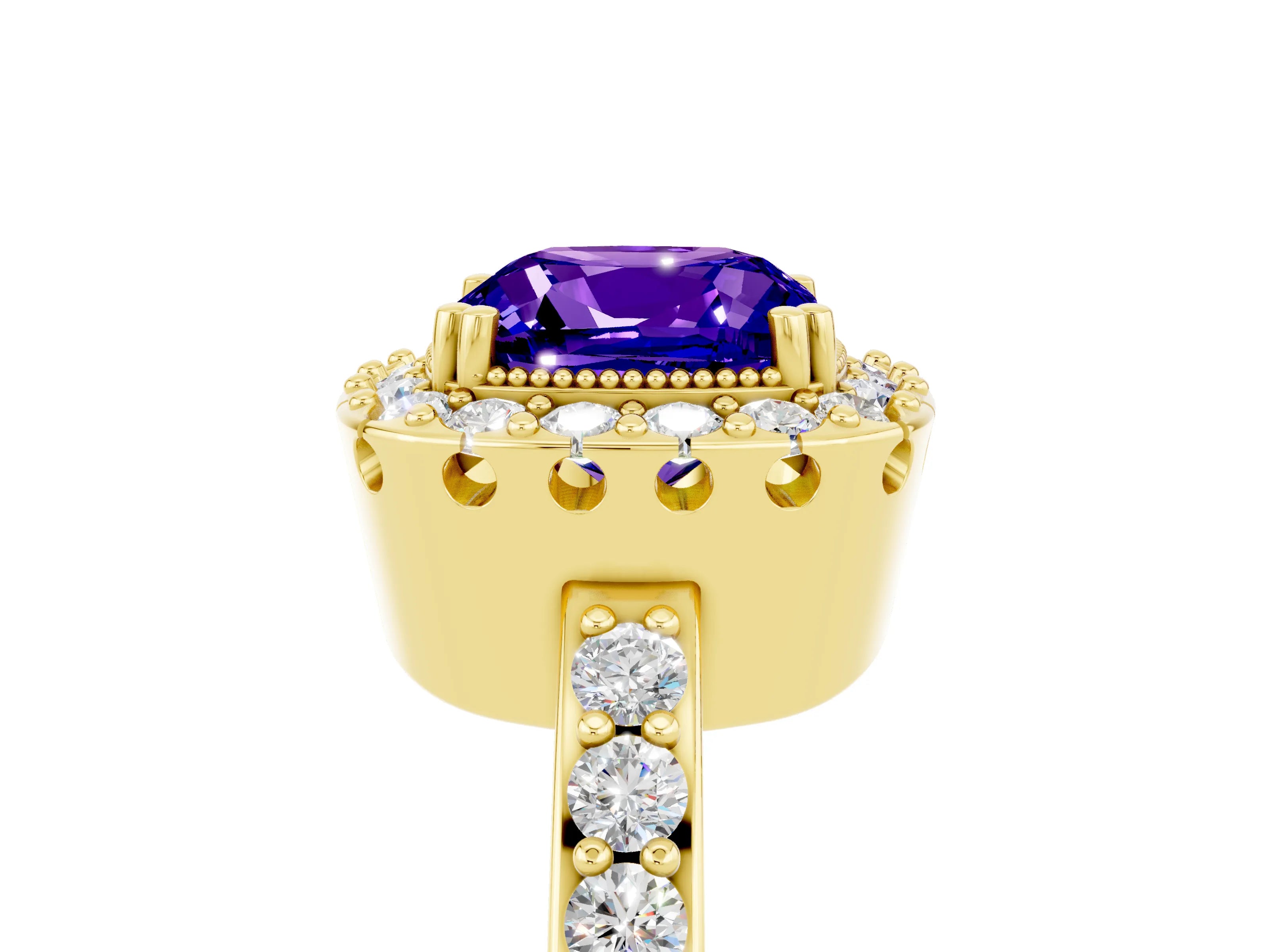 Yellow gold Cushion Cut Tanzanite Halo Ring with Pavé Band and Prong Setting_5