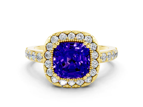 Yellow gold Cushion Cut Tanzanite Halo Ring with Pavé Band and Prong Setting