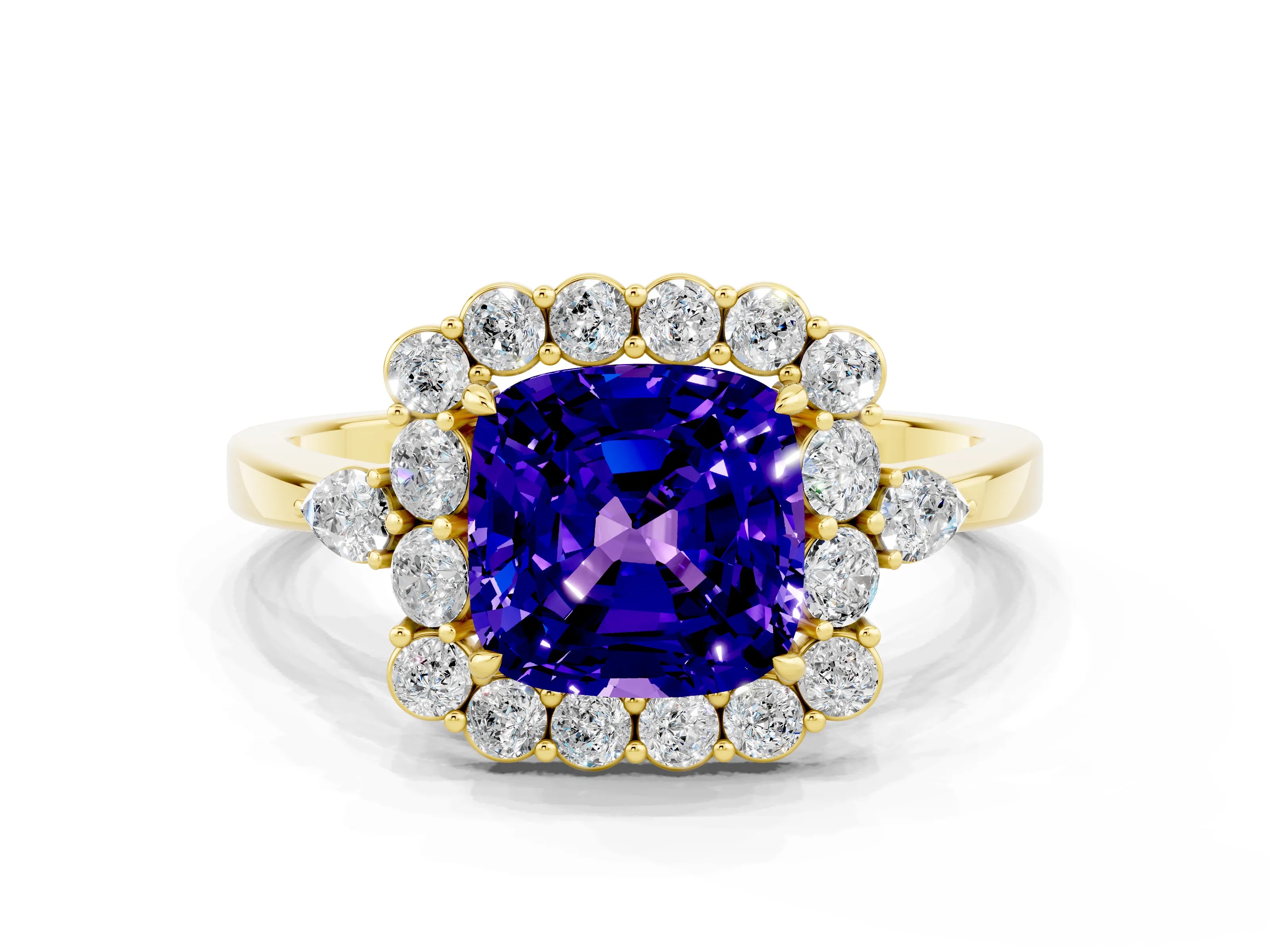 Yellow gold Cushion Cut Tanzanite Halo Ring with Pear Side Stones and Prong Setting_12