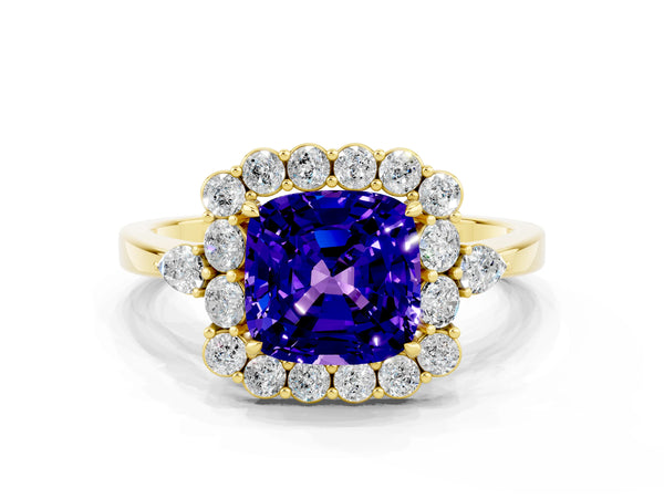 Yellow gold Cushion Cut Tanzanite Halo Ring with Pear Side Stones and Prong Setting