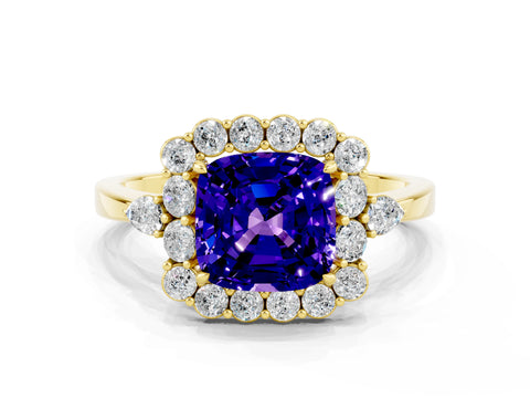 Yellow gold Cushion Cut Tanzanite Halo Ring with Pear Side Stones and Prong Setting_12