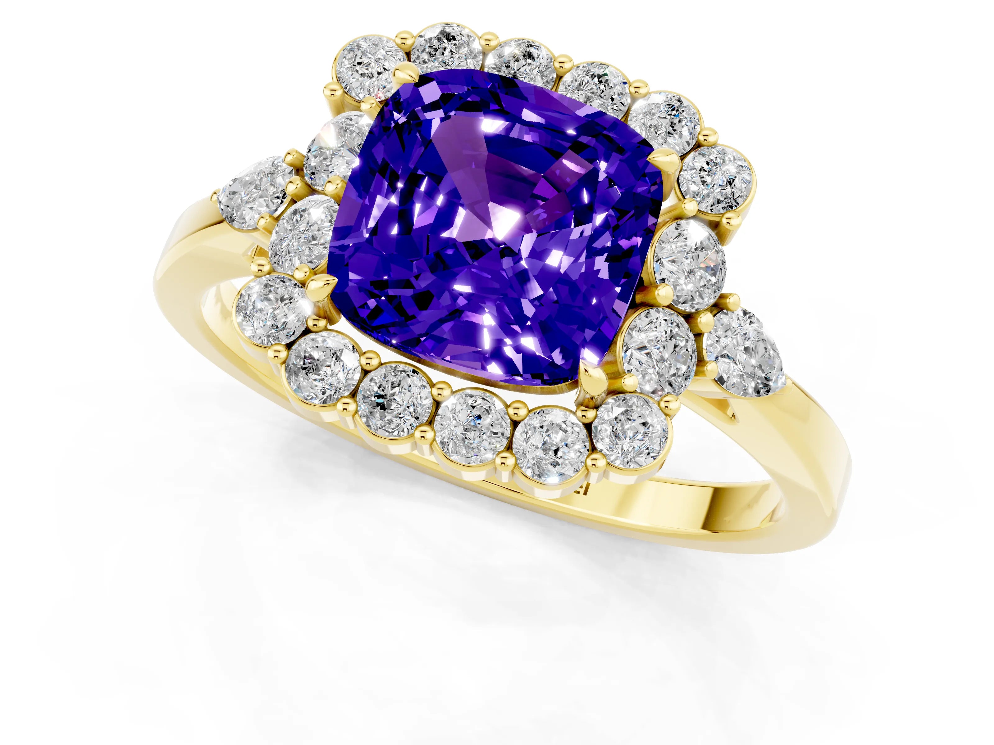 Yellow gold Cushion Cut Tanzanite Halo Ring with Pear Side Stones and Prong Setting_13