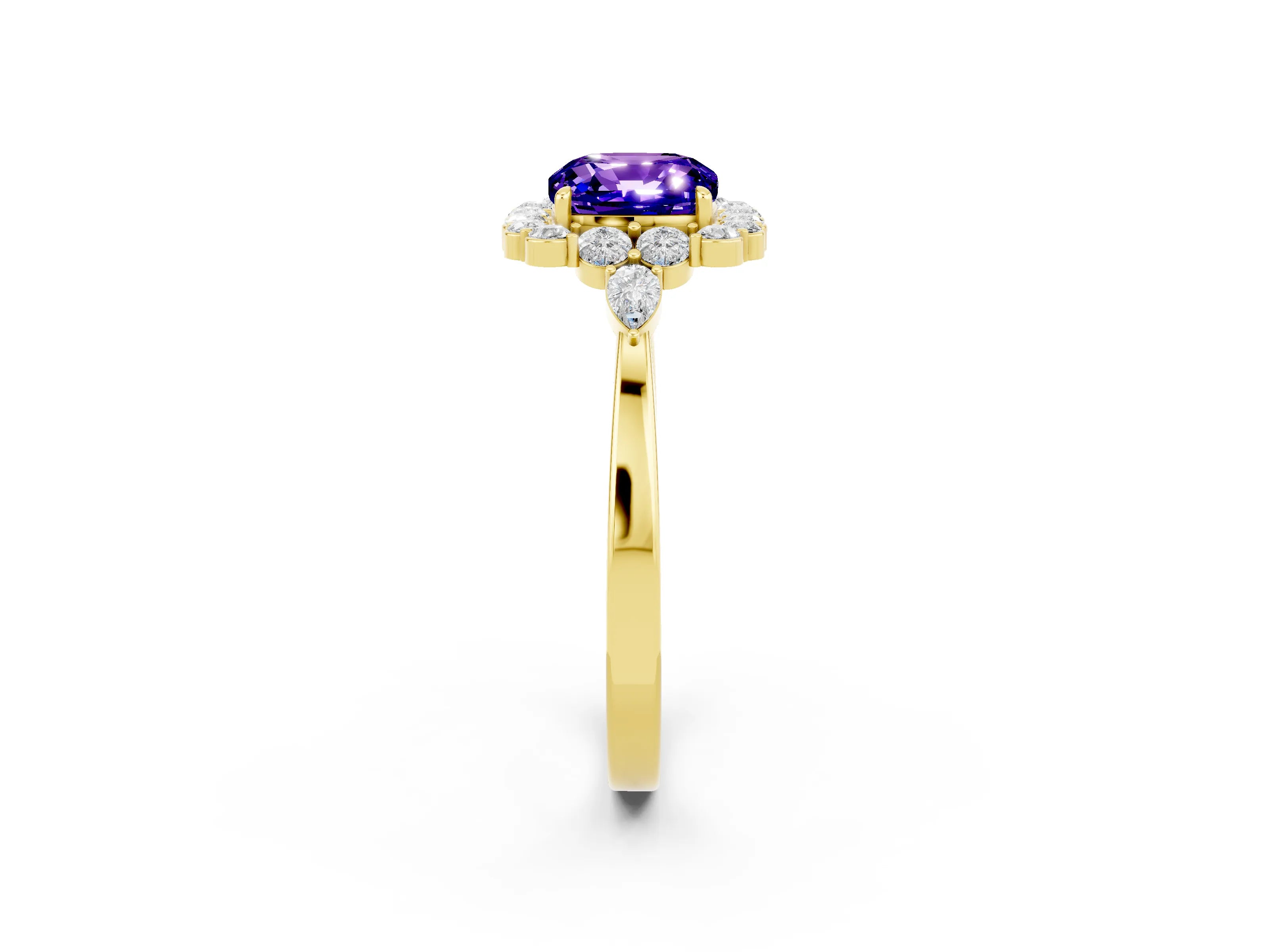 Yellow gold Cushion Cut Tanzanite Halo Ring with Pear Side Stones and Prong Setting_14