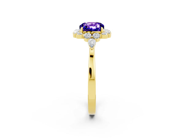Yellow gold Cushion Cut Tanzanite Halo Ring with Pear Side Stones and Prong Setting