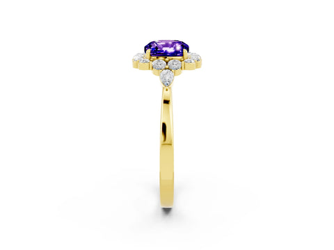 Yellow gold Cushion Cut Tanzanite Halo Ring with Pear Side Stones and Prong Setting_14