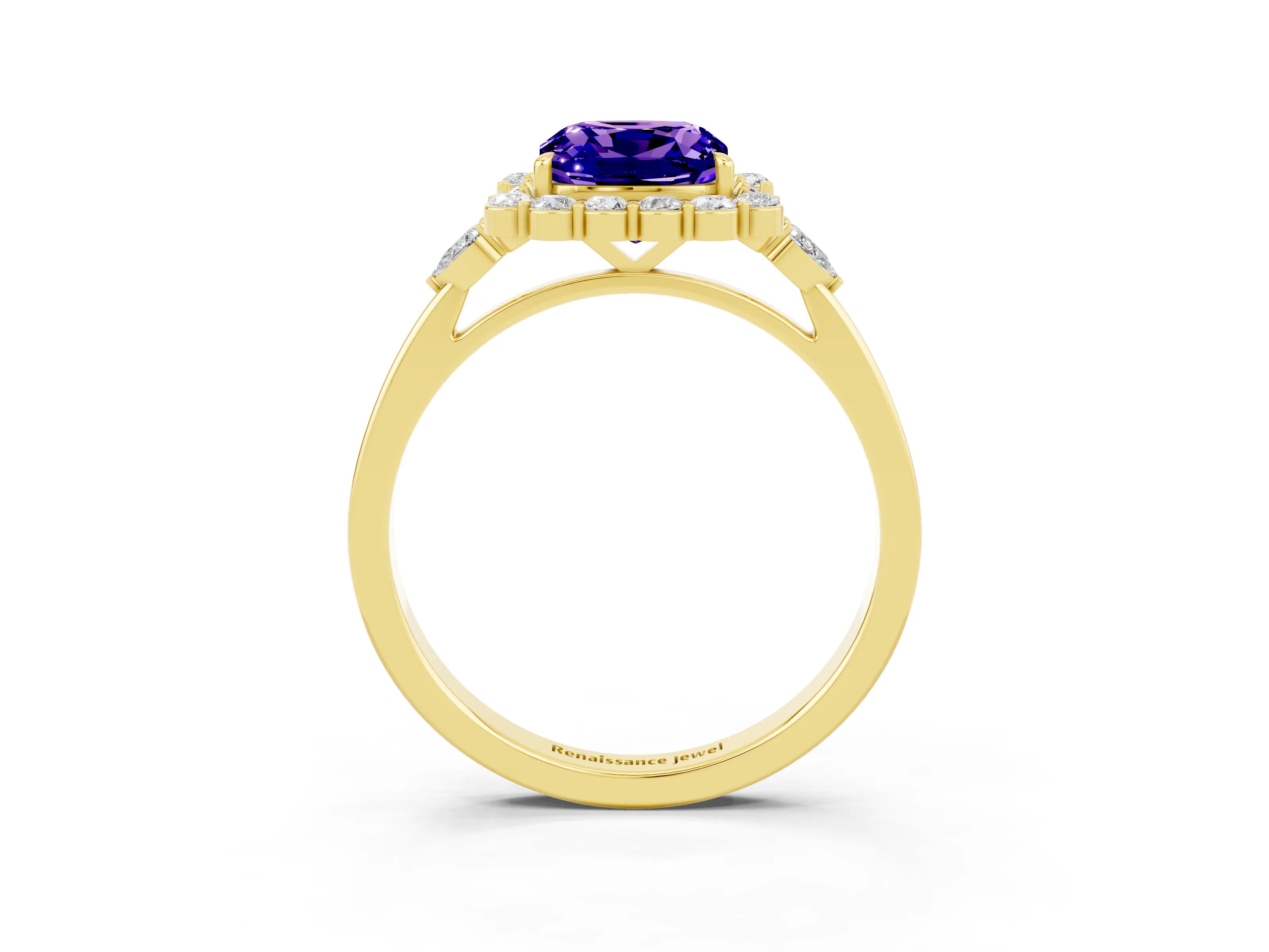 Yellow gold Cushion Cut Tanzanite Halo Ring with Pear Side Stones and Prong Setting_15