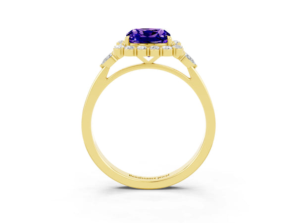 Yellow gold Cushion Cut Tanzanite Halo Ring with Pear Side Stones and Prong Setting