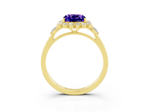 Yellow gold Cushion Cut Tanzanite Halo Ring with Pear Side Stones and Prong Setting_15