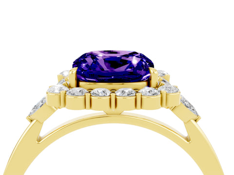 Yellow gold Cushion Cut Tanzanite Halo Ring with Pear Side Stones and Prong Setting_16