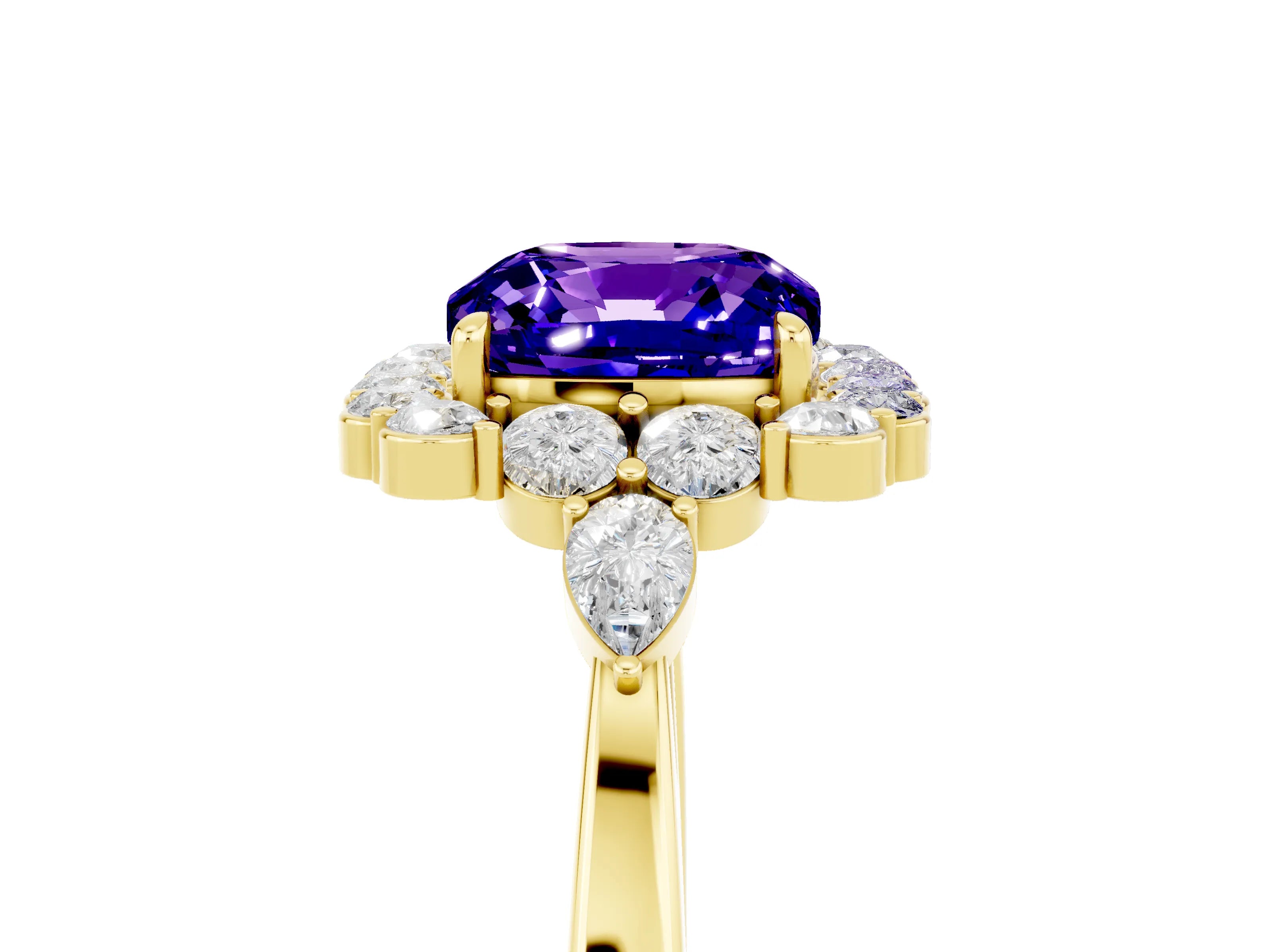 Yellow gold Cushion Cut Tanzanite Halo Ring with Pear Side Stones and Prong Setting_17