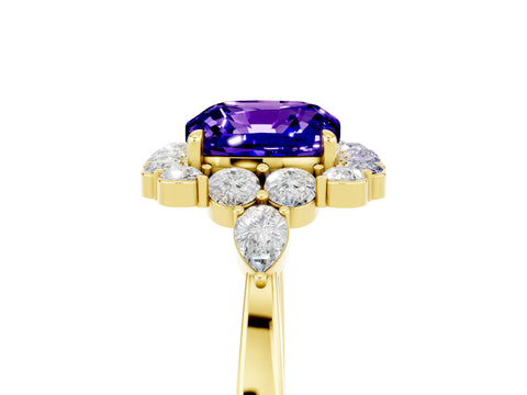 Yellow gold Cushion Cut Tanzanite Halo Ring with Pear Side Stones and Prong Setting_17