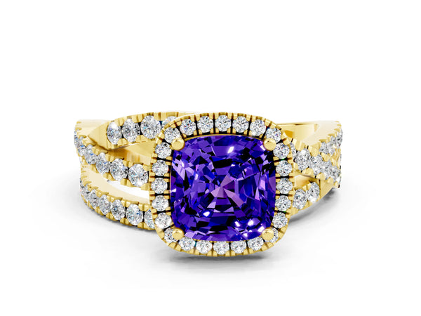 Yellow gold Cushion Cut Tanzanite Halo Ring with Round Split Shank and Prong Setting
