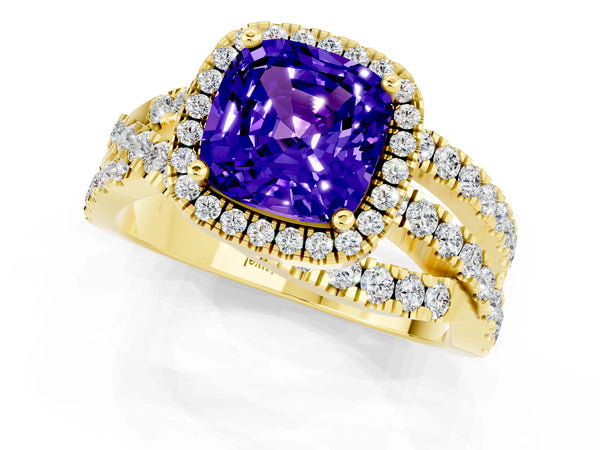 Yellow gold Cushion Cut Tanzanite Halo Ring with Round Split Shank and Prong Setting