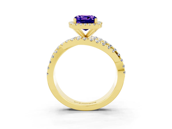 Yellow gold Cushion Cut Tanzanite Halo Ring with Round Split Shank and Prong Setting