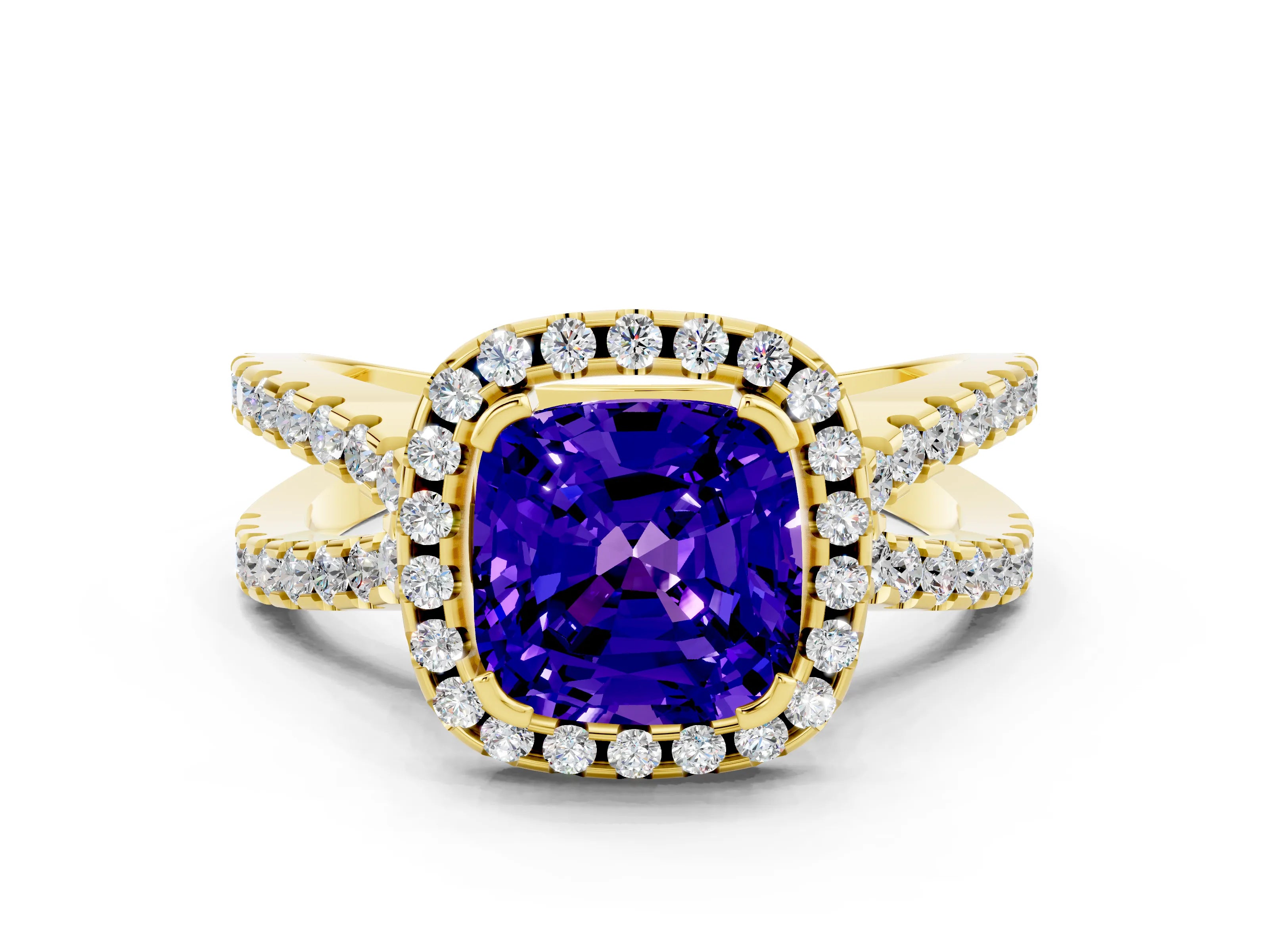 Yellow gold Cushion Cut Tanzanite Halo Ring with Split Shank Pavé Band and Prong Setting