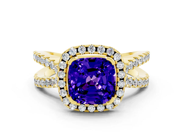 Yellow gold Cushion Cut Tanzanite Halo Ring with Split Shank Pavé Band and Prong Setting