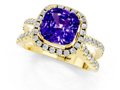 Yellow gold Cushion Cut Tanzanite Halo Ring with Split Shank Pavé Band and Prong Setting_1