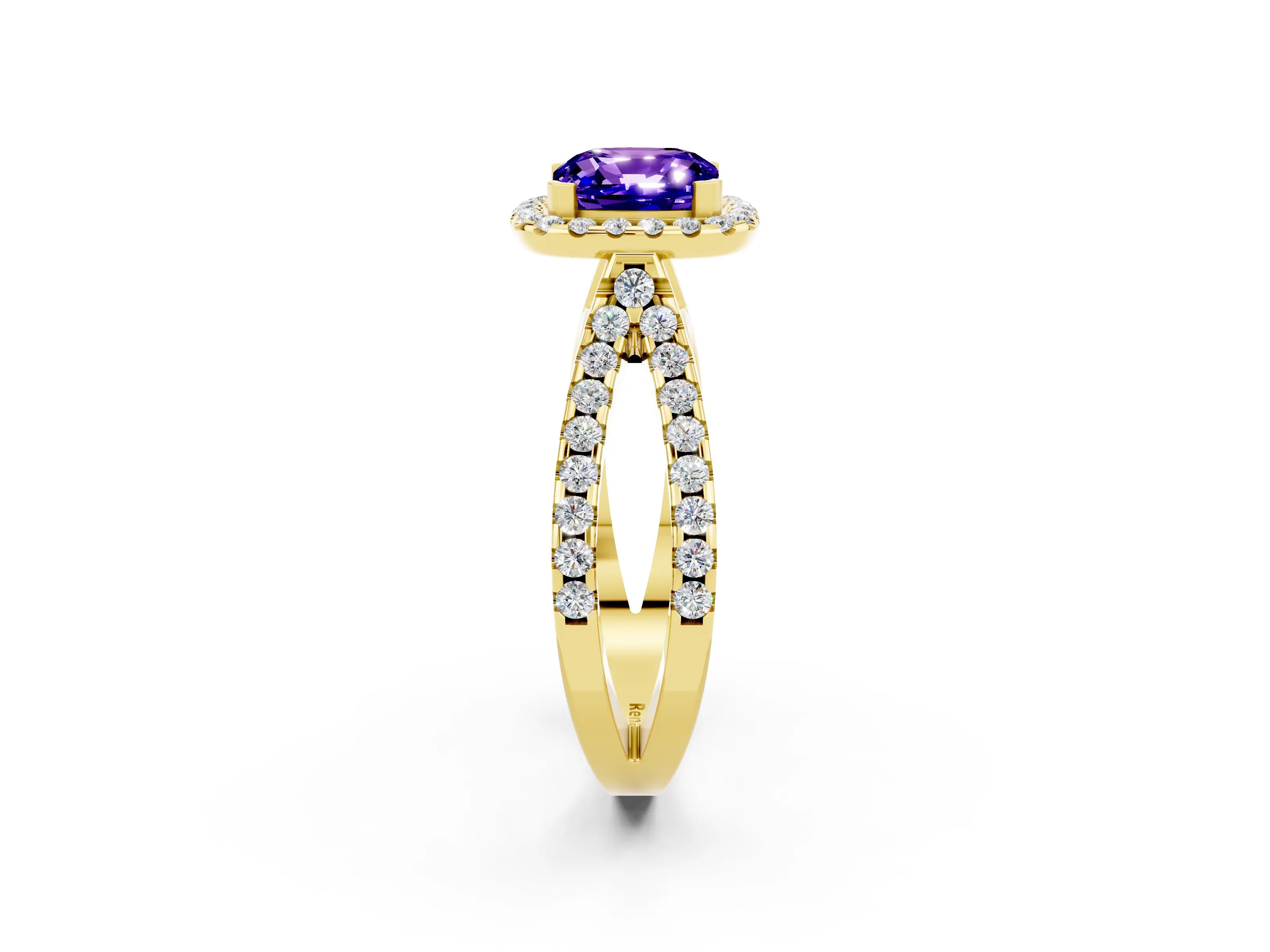 Yellow gold Cushion Cut Tanzanite Halo Ring with Split Shank Pavé Band and Prong Setting_2