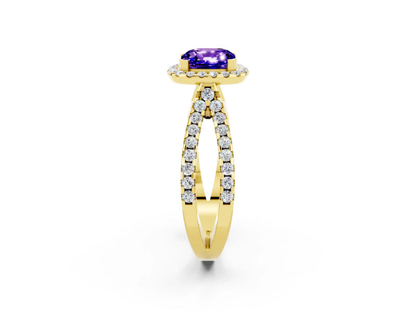 Yellow gold Cushion Cut Tanzanite Halo Ring with Split Shank Pavé Band and Prong Setting