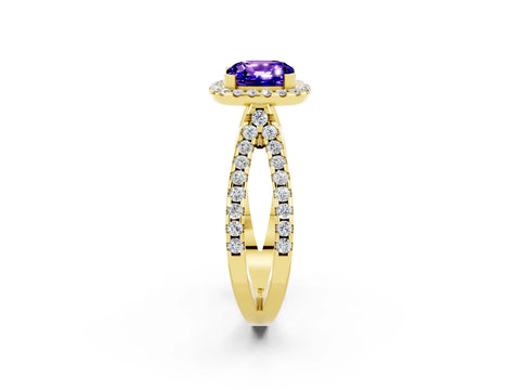 Yellow gold Cushion Cut Tanzanite Halo Ring with Split Shank Pavé Band and Prong Setting_2
