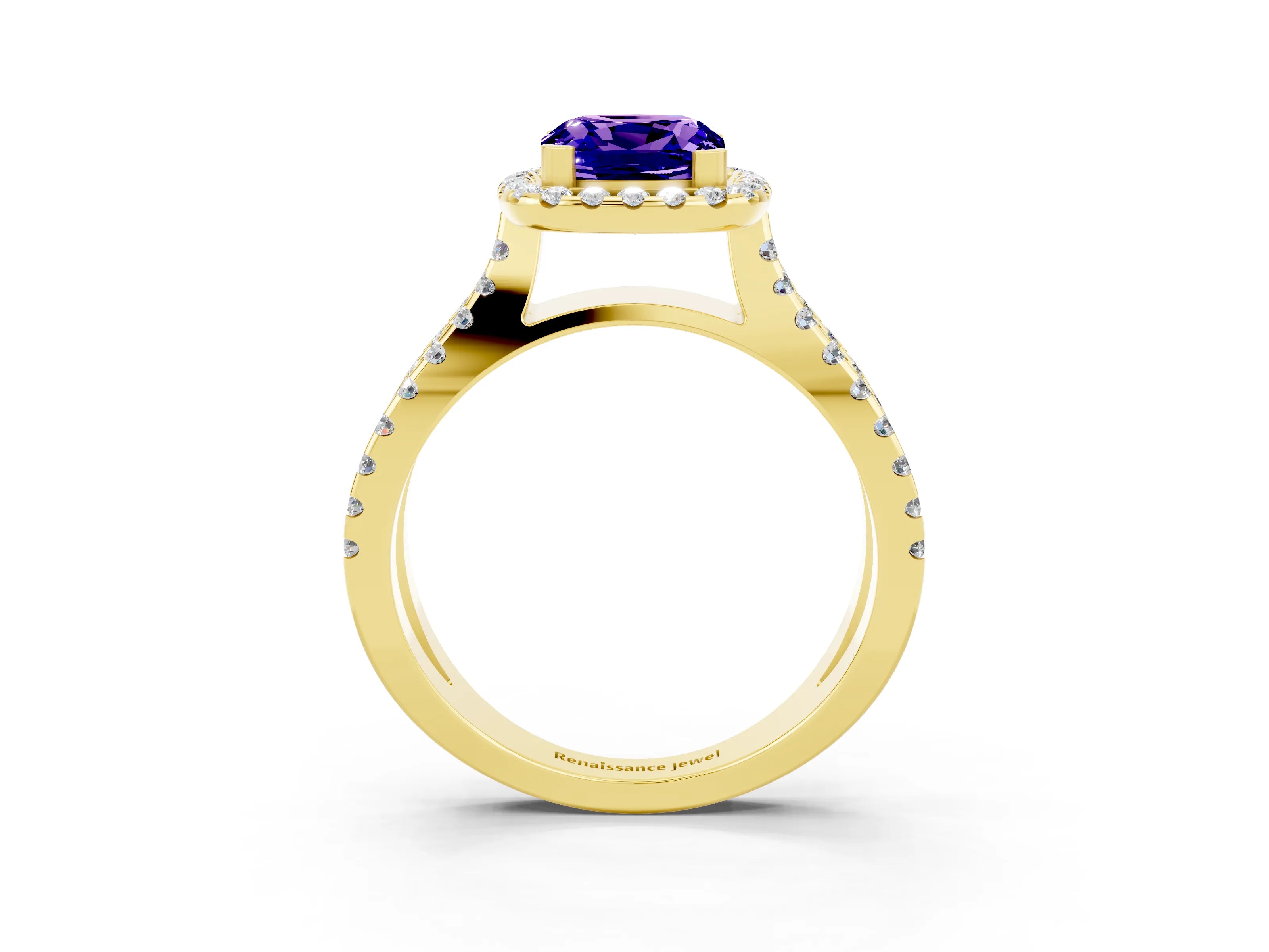 Yellow gold Cushion Cut Tanzanite Halo Ring with Split Shank Pavé Band and Prong Setting_3