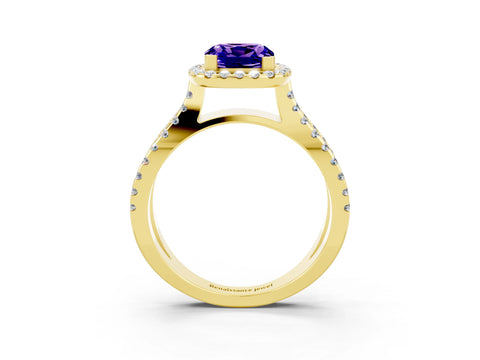 Yellow gold Cushion Cut Tanzanite Halo Ring with Split Shank Pavé Band and Prong Setting_3