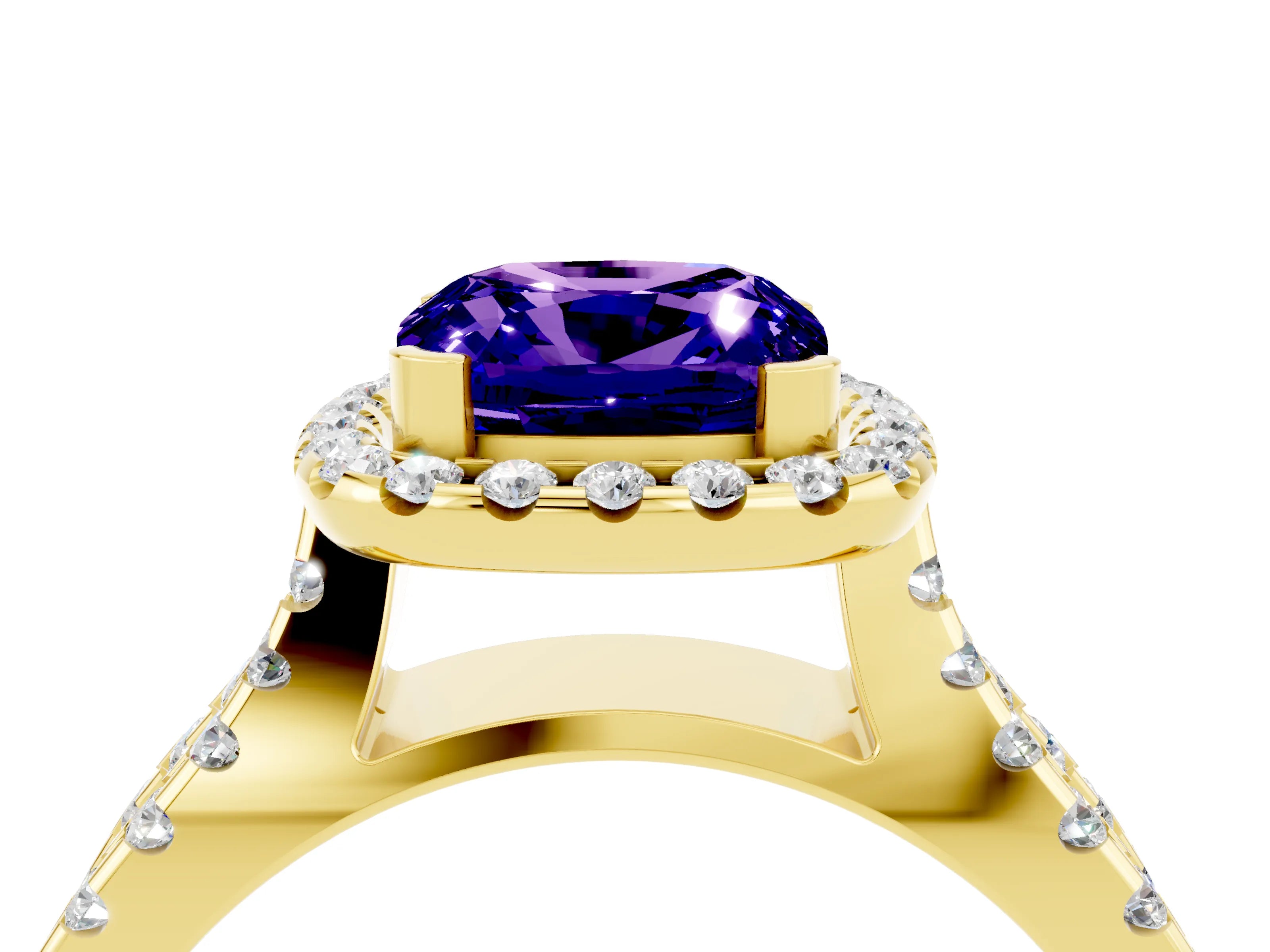 Yellow gold Cushion Cut Tanzanite Halo Ring with Split Shank Pavé Band and Prong Setting_4