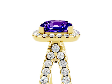 Yellow gold Cushion Cut Tanzanite Halo Ring with Split Shank Pavé Band and Prong Setting_5